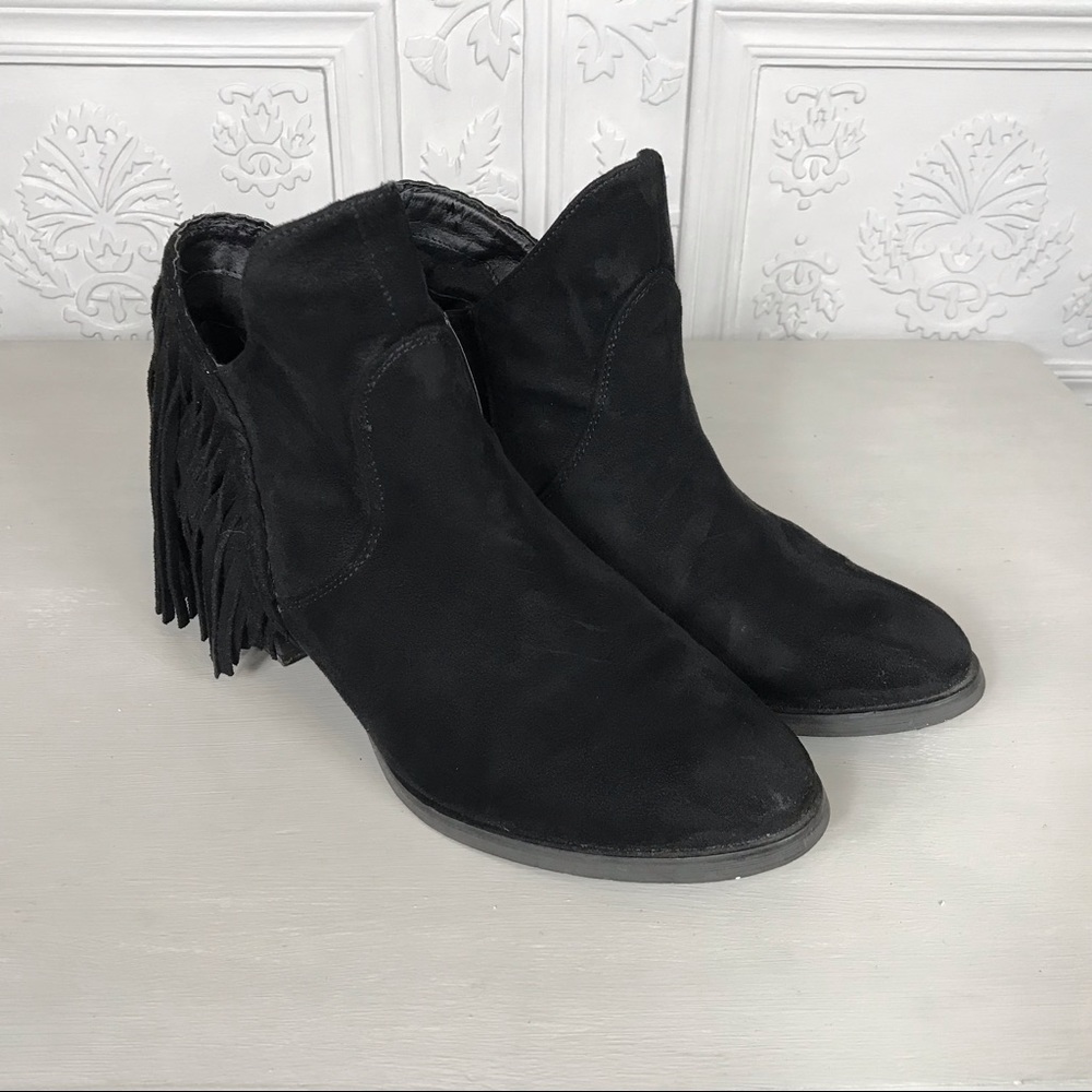 Not Rated Black Suede Slip On Booties with Fringe Detail